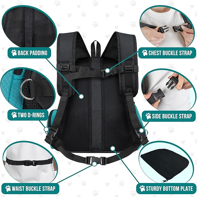 PetAmi Front Carrier Backpack, Ventilated Adjustable Pet Chest Carrier for Dog Cat, Hiking Camping Travel, Small Puppy Medium Cat Carrying Bag, Max 14 lb, Sea Blue