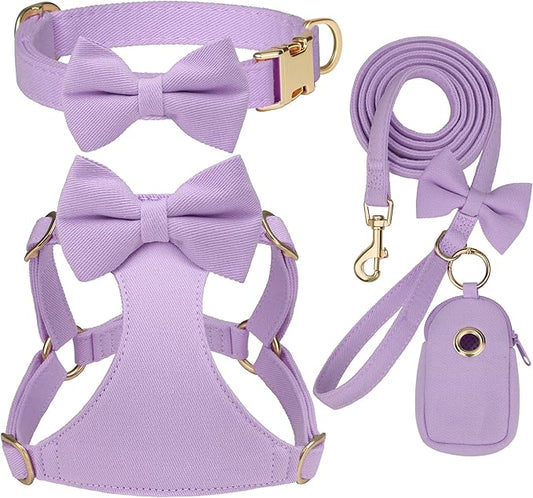 Beirui Adorable Small Dog Harness Collar and Leash Set,Cute XXS Puppy Harness Set with 3 Bows for Tiny Dogs,Chihuahua,Adjustable Step-in Vest for Daily Walking,Parties&Holiday Outfits(Purple,XXS)