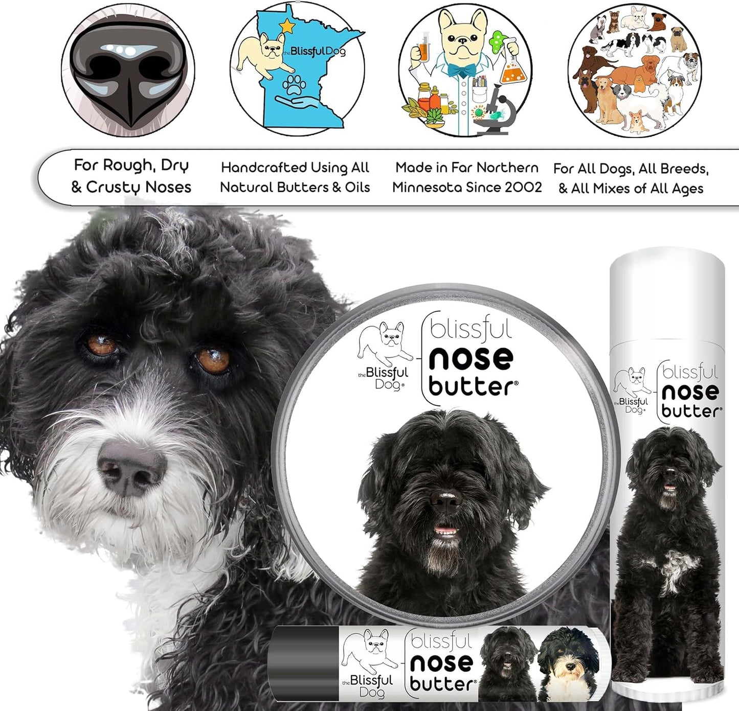 The Blissful Dog Portuguese Water Dog Nose Butter for Dry, Cracked Skin, Lick-Safe Dog Nose Balm with Moisturizing Shea Butter, Almond, Olive, and Essential Oils, Pet Supplies, Uncented, 0.15 oz.