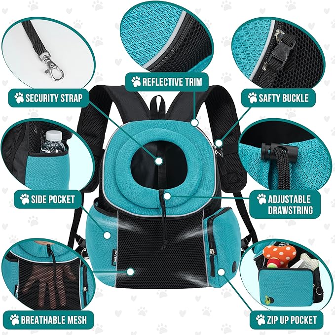 PetAmi Front Carrier Backpack, Ventilated Adjustable Pet Chest Carrier for Dog Cat, Hiking Camping Travel, Small Puppy Medium Cat Carrying Bag, Max 14 lb, Sea Blue