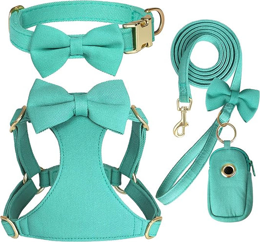 Beirui Adorable Small Dog Harness Collar and Leash Set,Cute Puppy Harness Set with 3 Bows for Small Dogs,Shih Tzu,Dachshund,Adjustable Step-in Vest for Daily Walking,Parties&Holiday Outfits(Teal,S)