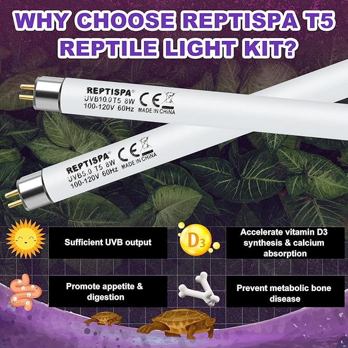 5.0 UVB Light for Reptiles, T5 HO 8 Watt Reptile Lamp Tube, Pack of 2 Fluorescent UVB Bulb, Basking Light for Bearded Dragon, Simulate Natural Sunlight for Reptiles and Amphibians