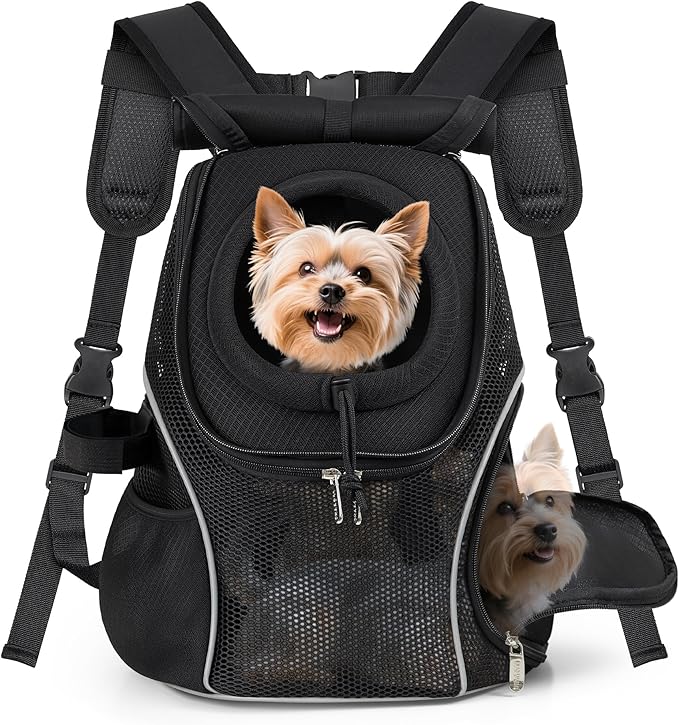 WOYYHO Pet Dog Carrier Backpack with Top and Side Windows, Small Dog Front Backpack Ventilated Mesh Dog Back Pack with Safety Belt for Travel Hiking Outdoor Adventures (Size M: 5-9 lbs, Black 2.0)