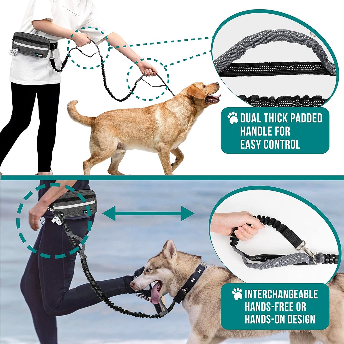 PetAmi Hands Free Dog Leash, Dog Running Leash Belt for Walking Jogging, Dog Waist Zipper Pouch Fanny Pack with Poop Bag Dispenser, Dual Padded Handle Bungee Leash for Small Medium Large Dogs, Double