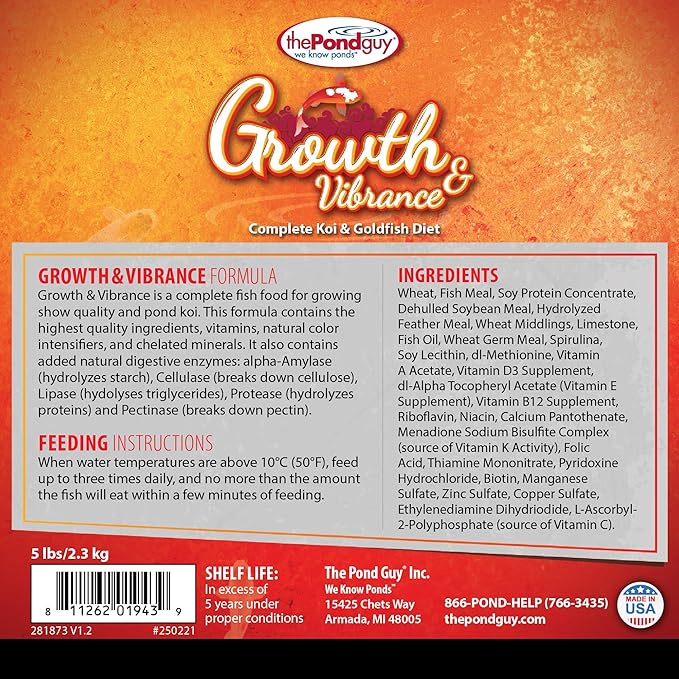The Pond Guy Growth & Vibrance Fish Food for Show Quality Koi & Goldfish, Premium Protein Floating Pellets for Balanced Nutrition, 2 lbs