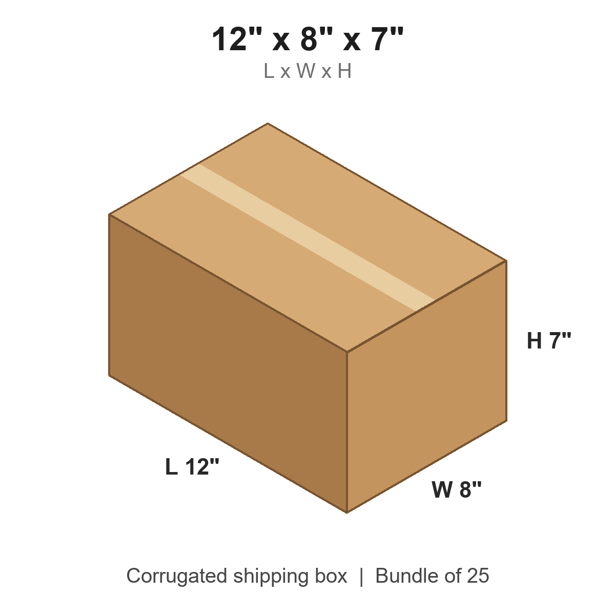12x8x7 Corrugated Shipping Boxes (12 x 8 x 7 in), Bundle of 25