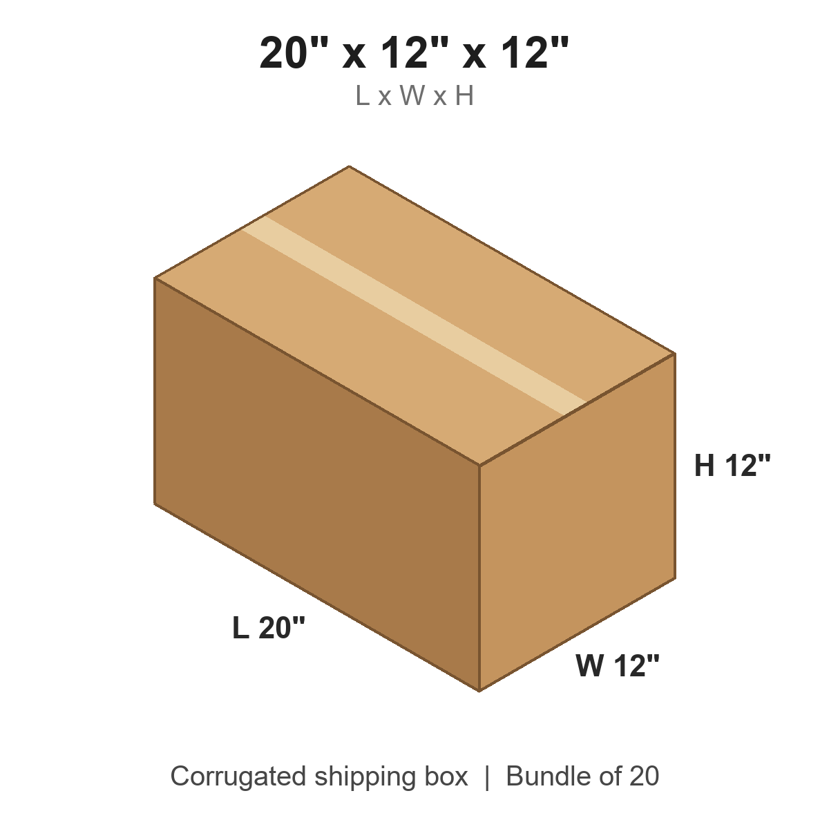 20x12x12 Long Corrugated Shipping Boxes (20 x 12 x 12 in), Bundle of 20
