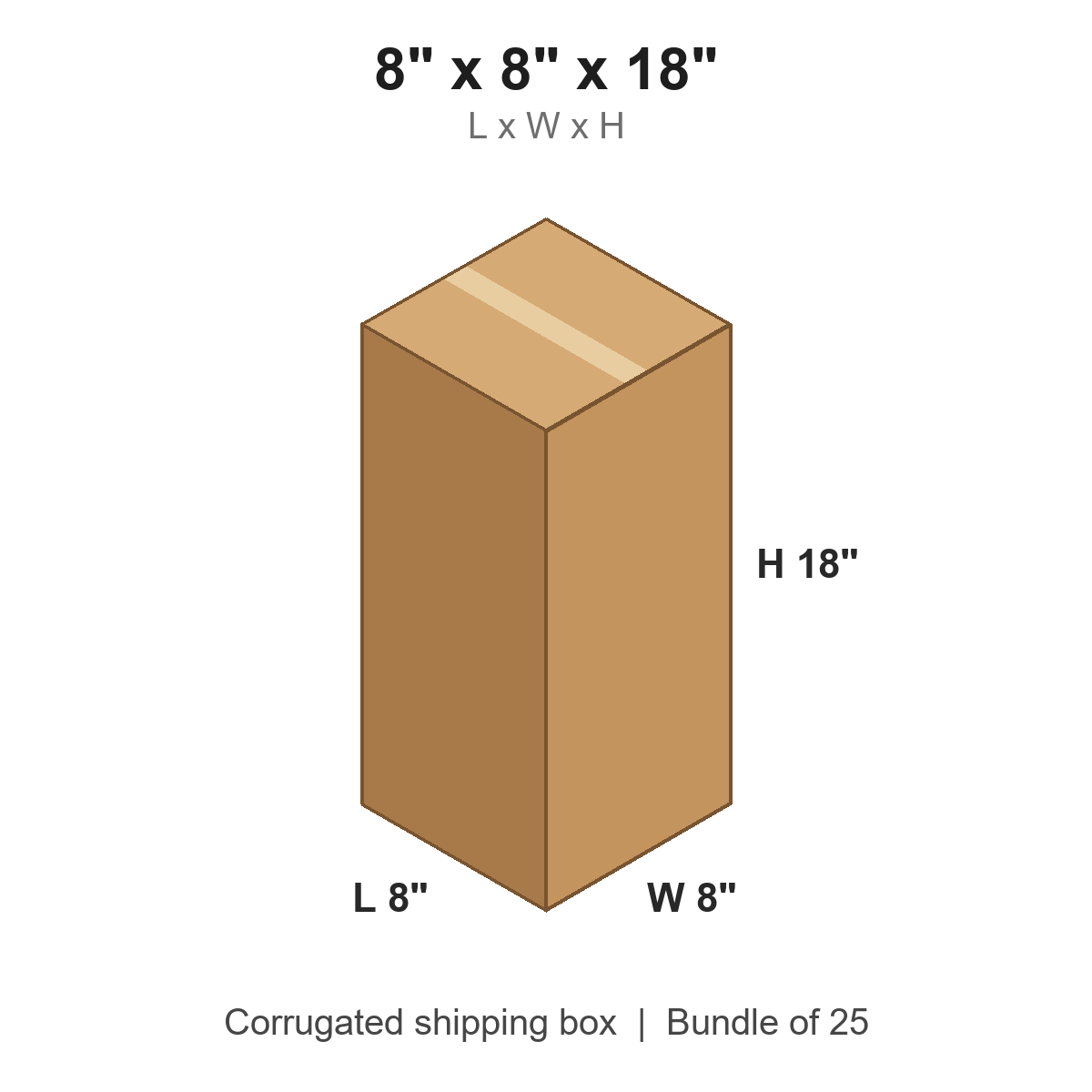 8x8x18 Tall Corrugated Shipping Boxes (8 x 8 x 18 in), Bundle of 25